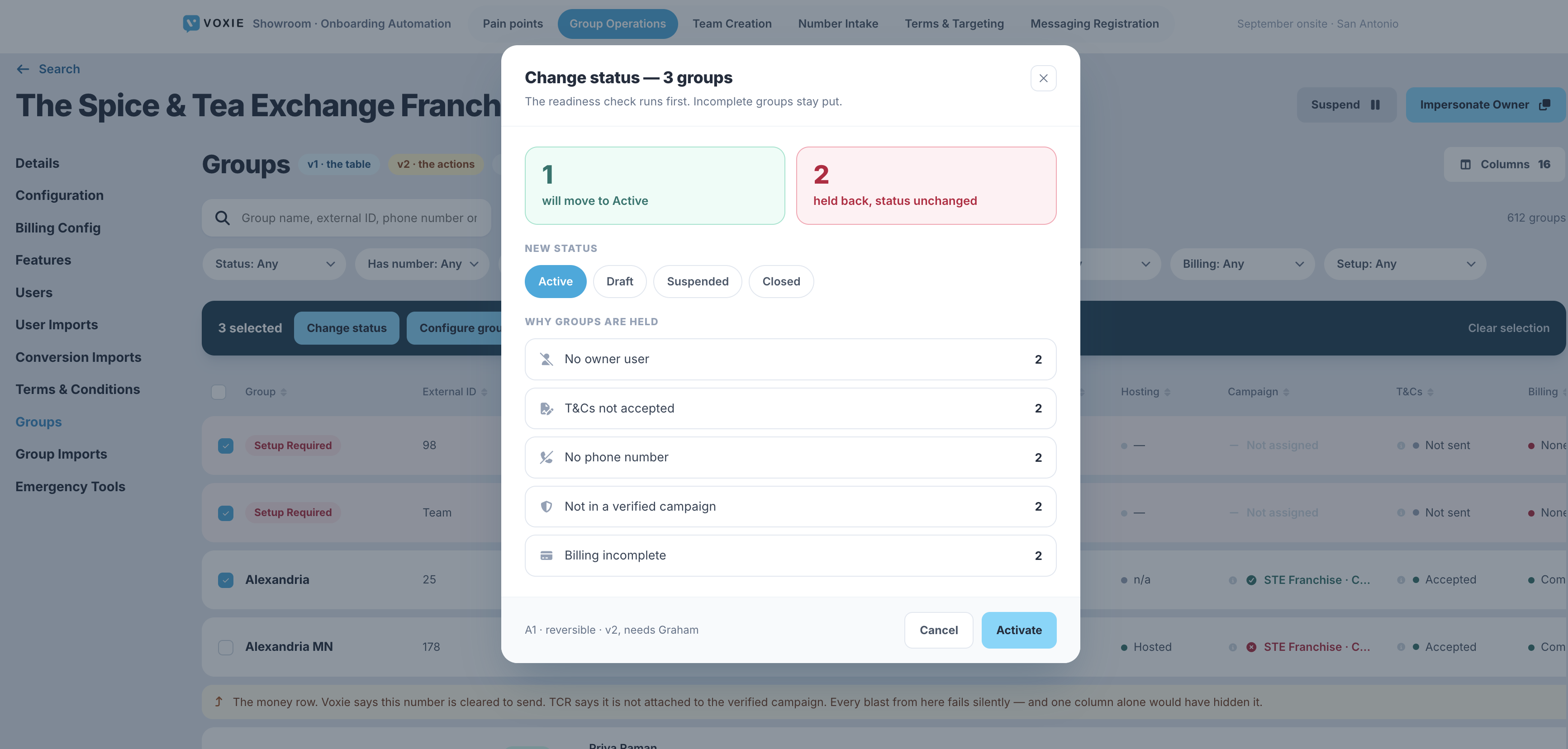 Change status bulk action, with the readiness hold-back breakdown