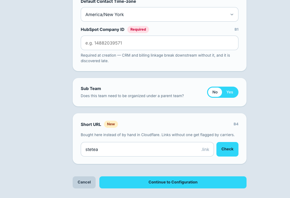 Short URL search and buy at team creation