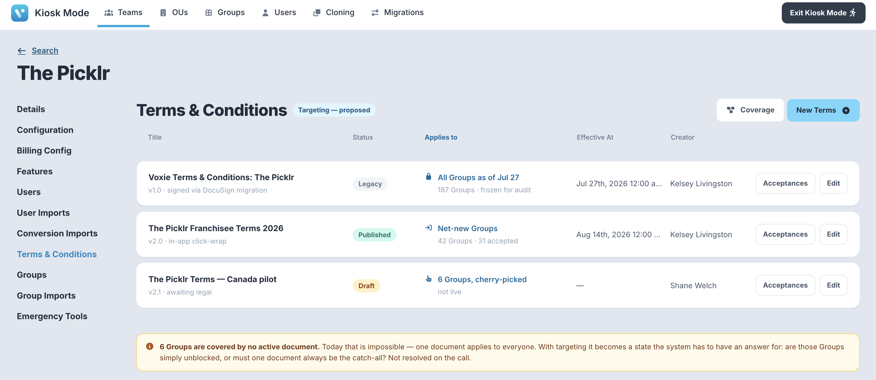 Terms & Conditions list with the Applies to column and three documents live at once