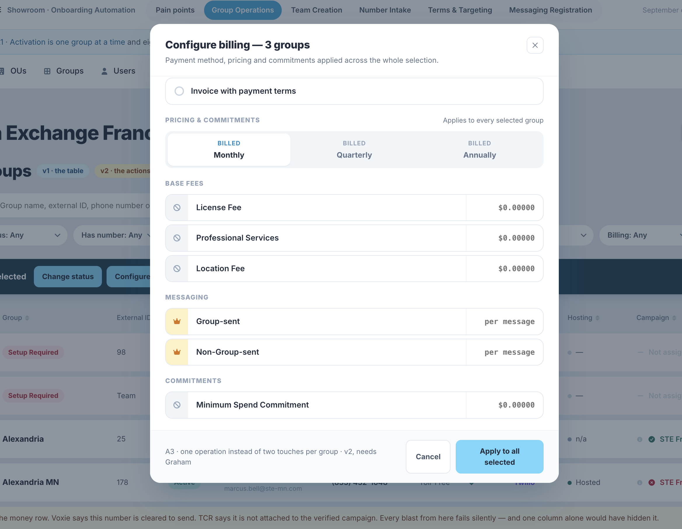 Configure billing bulk action — payment method, pricing and commitments across the selection