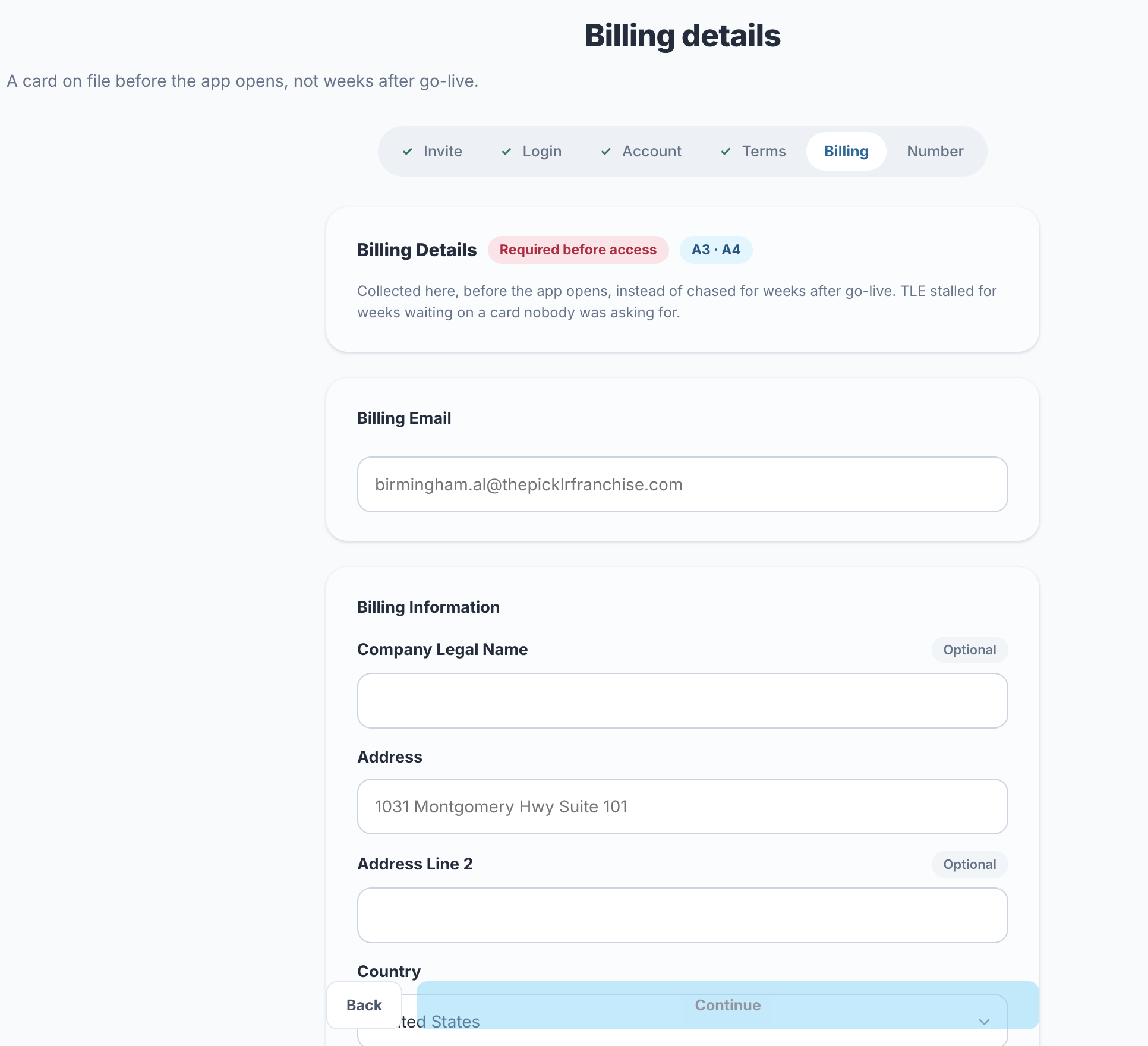 Billing details step — card on file before the app opens