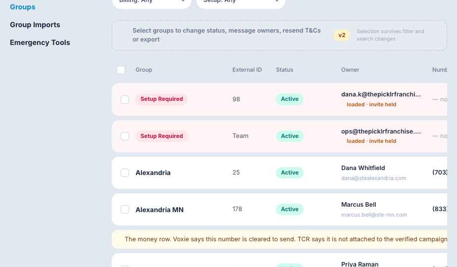 Groups table — held invites and a scheduled status change
