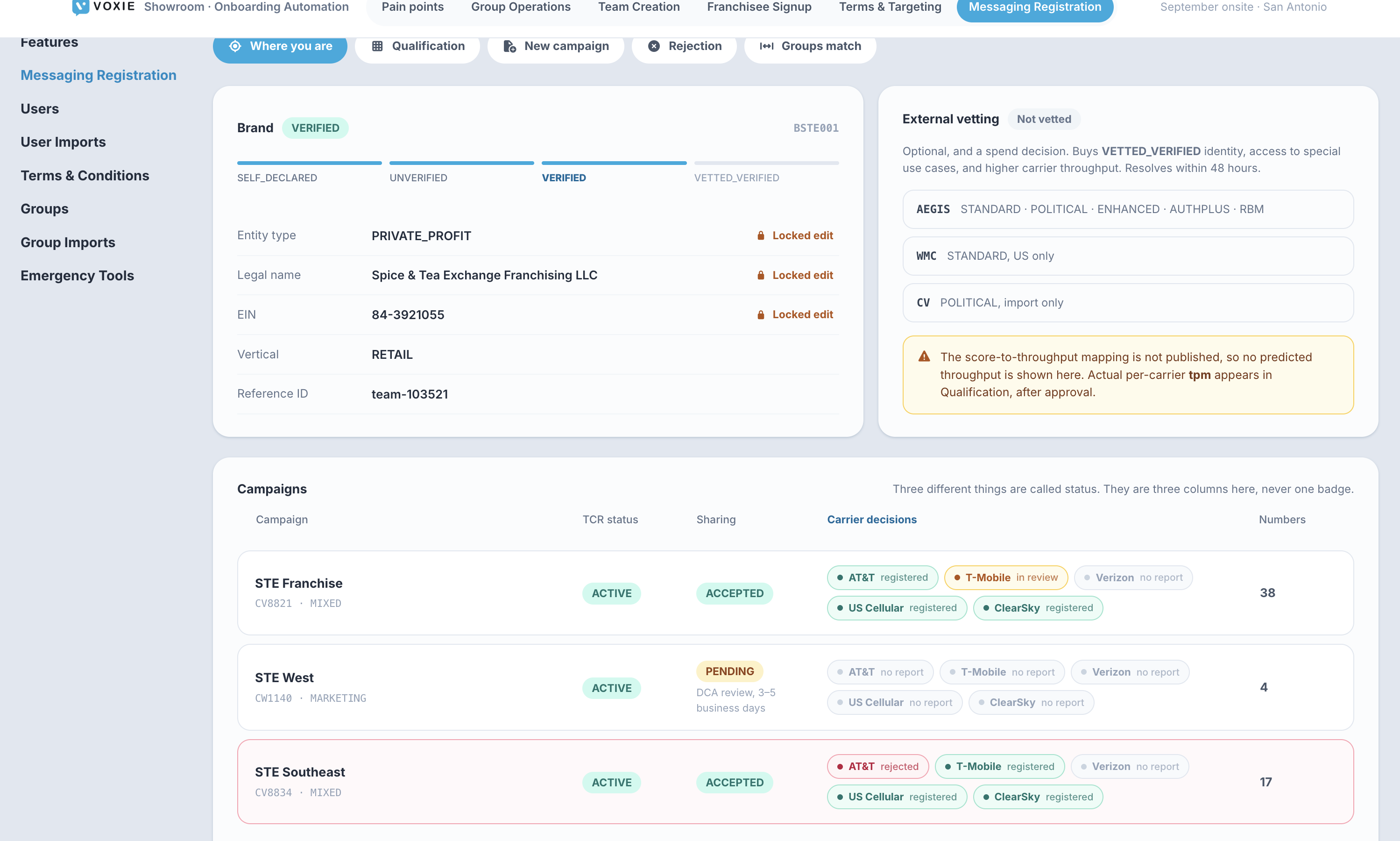 Messaging Registration — brand identity, vetting, and per-carrier campaign decisions